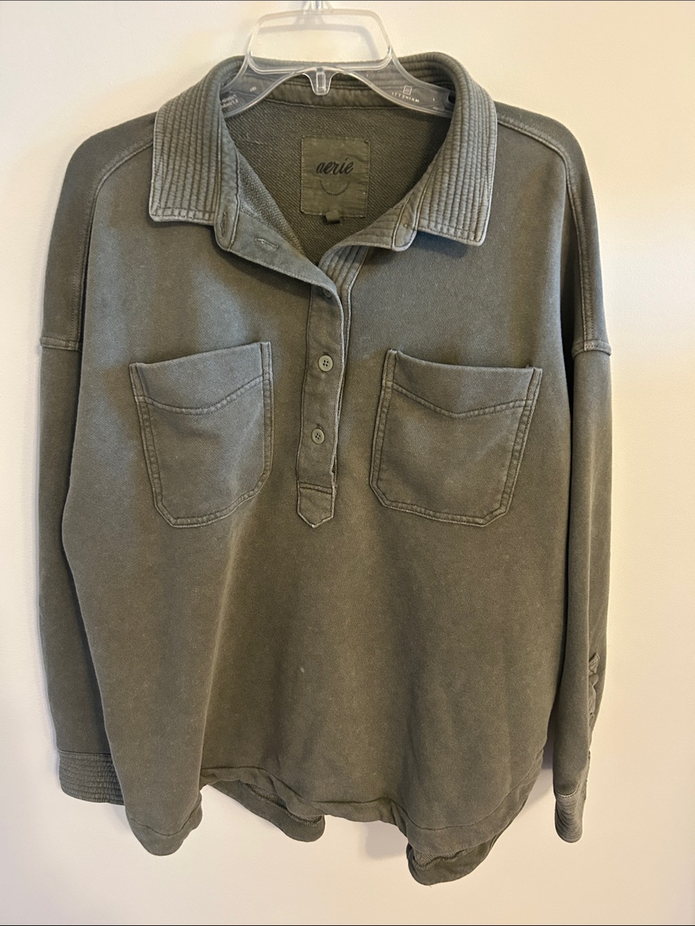 aerie Olive Green Button-Up Pocket Pullover